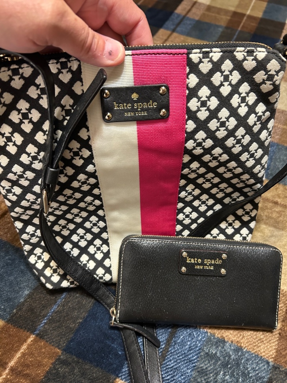 kate spade Black, Pink & Cream Patterned Canvas Crossbody with Black Wallet